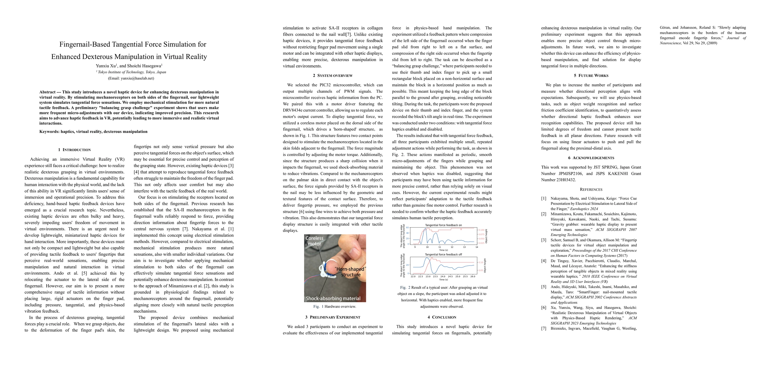 Thumbnail for Fingernail-Based Tangential Force Simulation for Enhanced Dexterous
  Manipulation in Virtual Reality