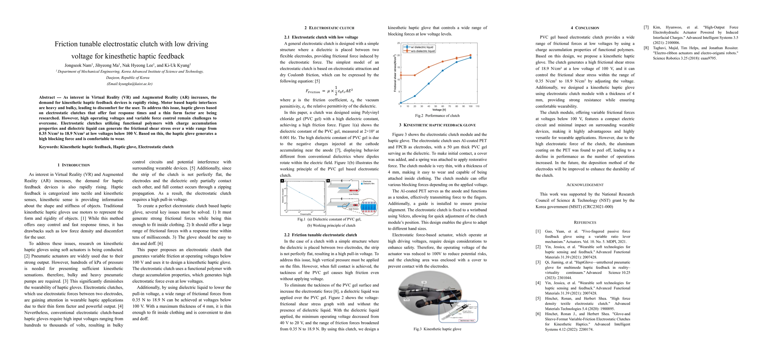 Thumbnail for Friction tunable electrostatic clutch with low driving voltage for
  kinesthetic haptic feedback