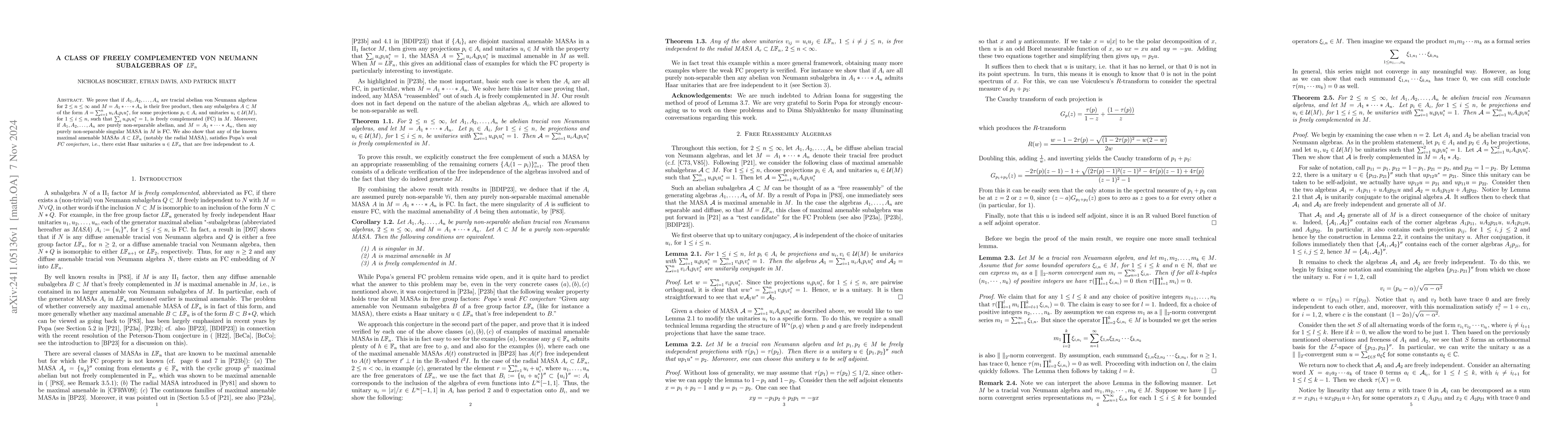 Thumbnail for A Class of Freely Complemented von Neumann Subalgebras of
  $L\mathbb{F}_n$
