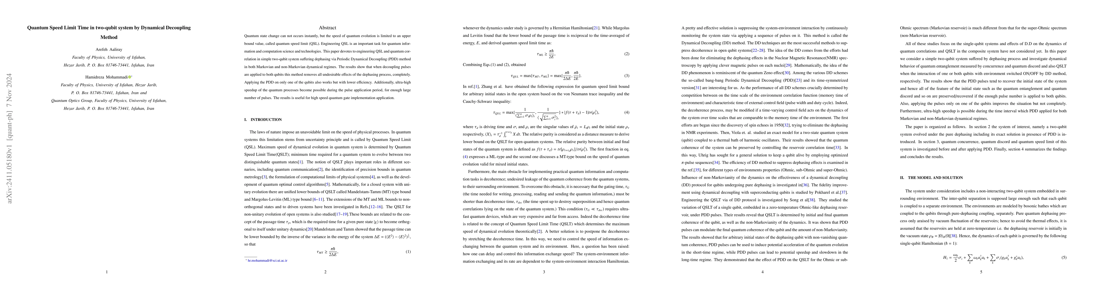 Thumbnail for Quantum Speed Limit Time in two-qubit system by Dynamical Decoupling
  Method