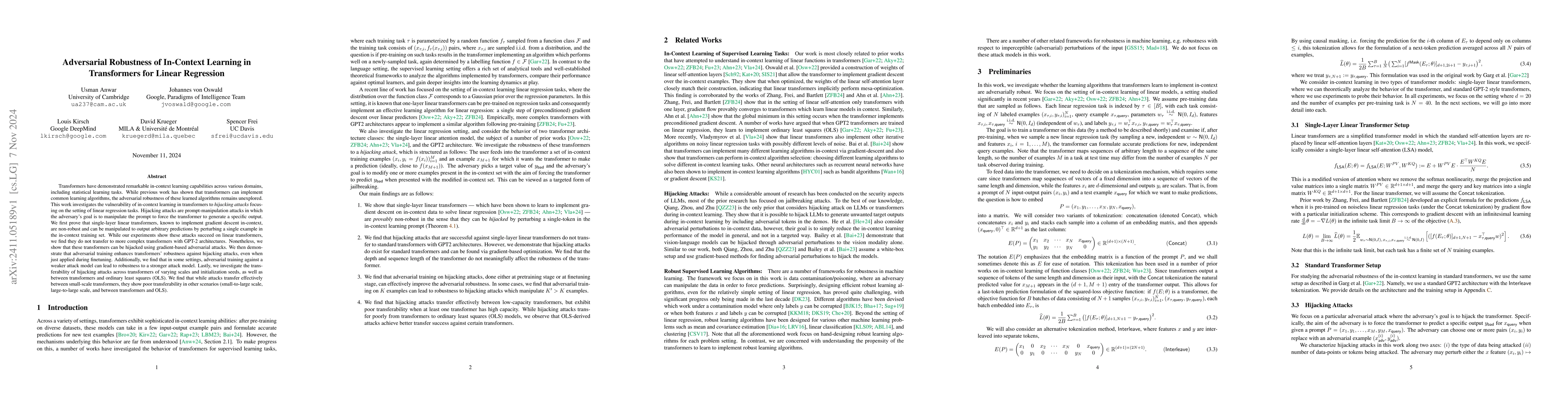 Thumbnail for Adversarial Robustness of In-Context Learning in Transformers for Linear
  Regression