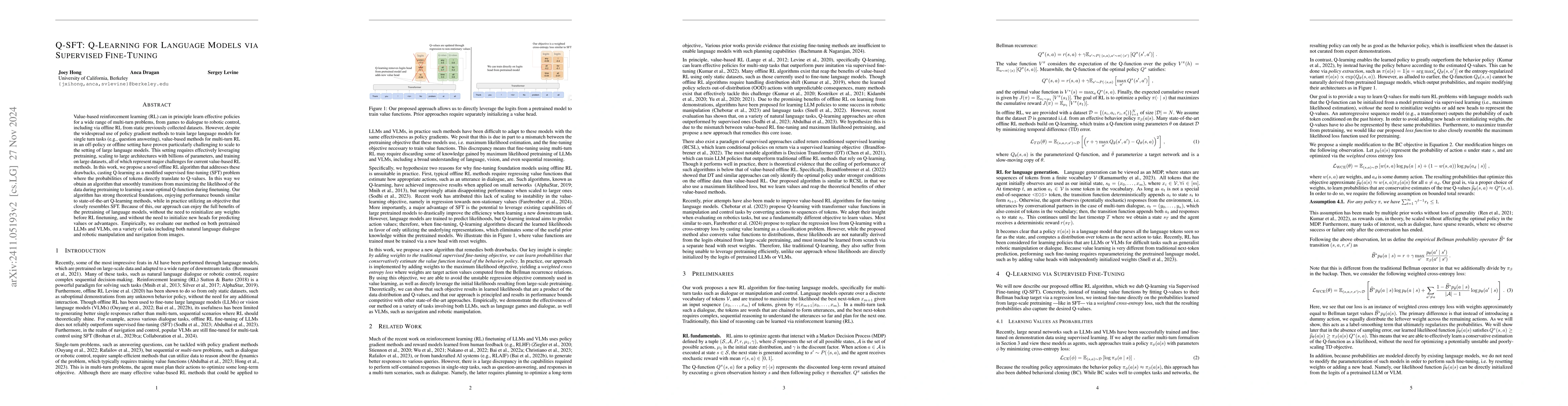 Thumbnail for Q-SFT: Q-Learning for Language Models via Supervised Fine-Tuning