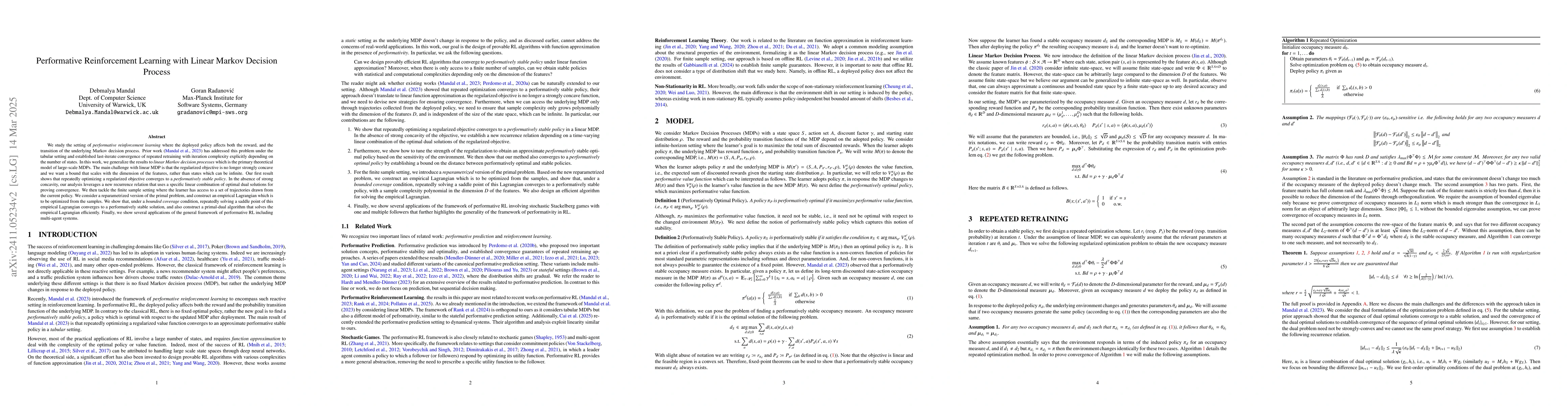 Thumbnail for Performative Reinforcement Learning with Linear Markov Decision Process