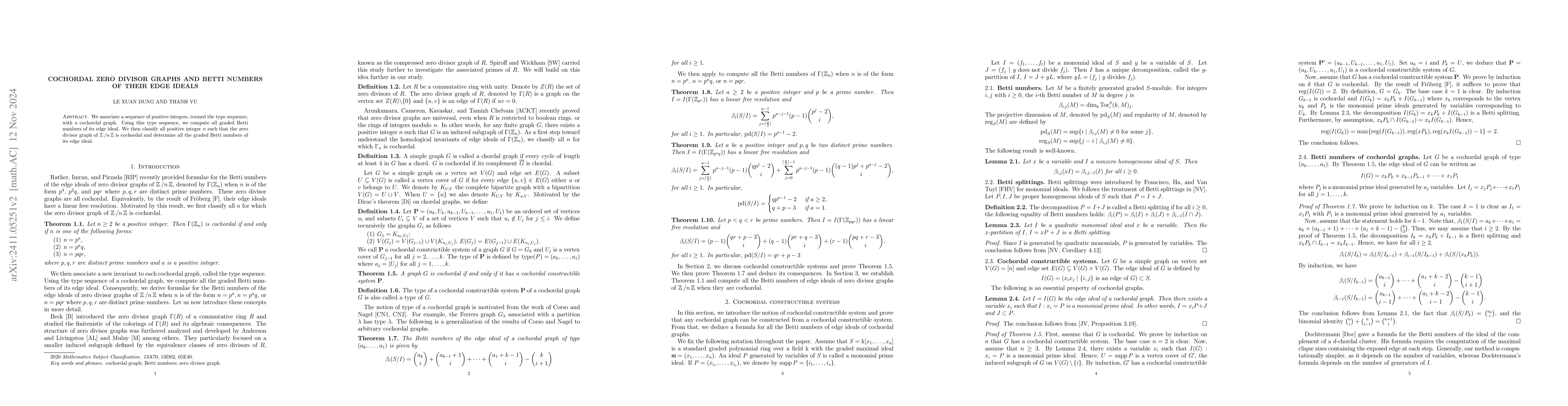 Thumbnail for Cochordal zero divisor graphs and Betti numbers of their edge ideals
