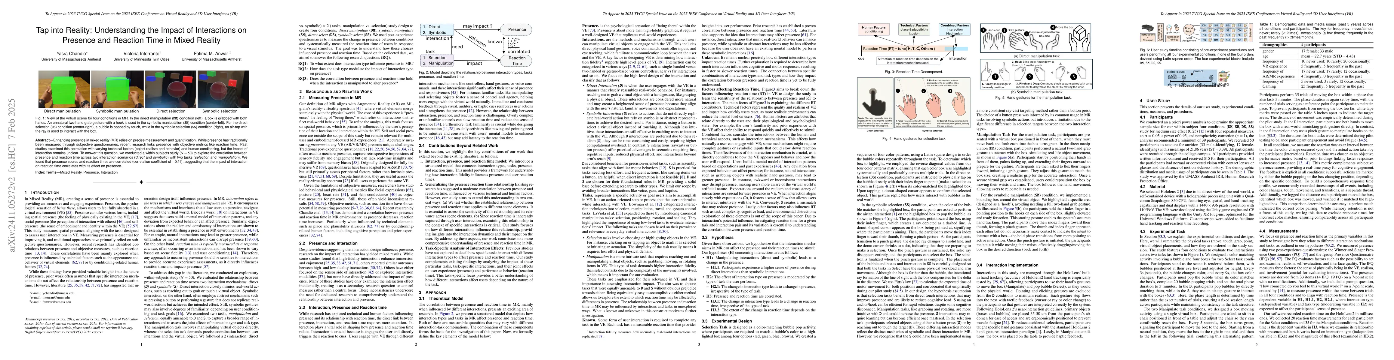 Thumbnail for Tap into Reality: Understanding the Impact of Interactions on Presence
  and Reaction Time in Mixed Reality