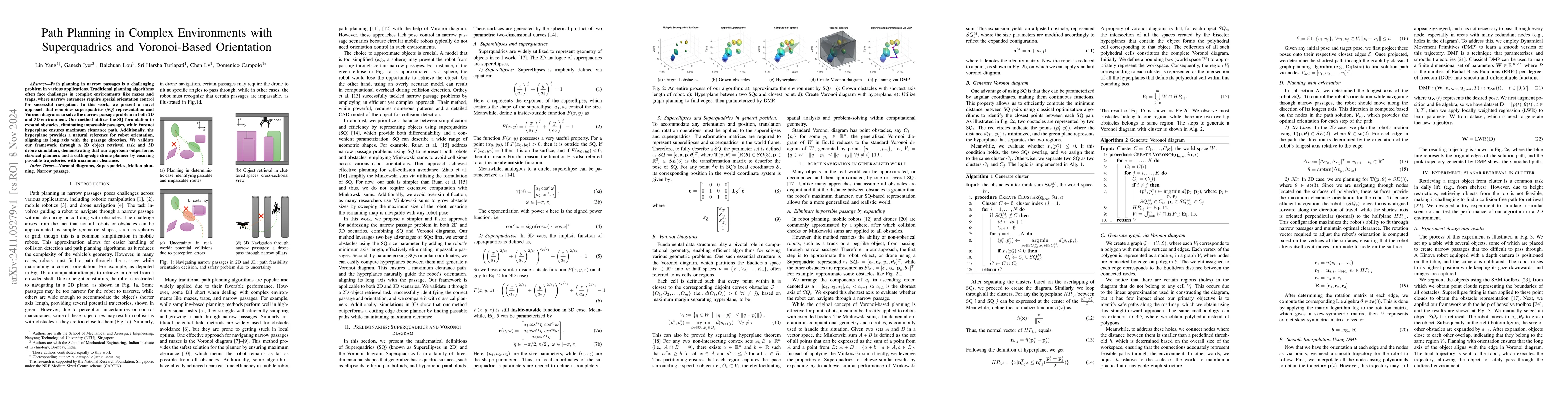 Thumbnail for Path Planning in Complex Environments with Superquadrics and
  Voronoi-Based Orientation