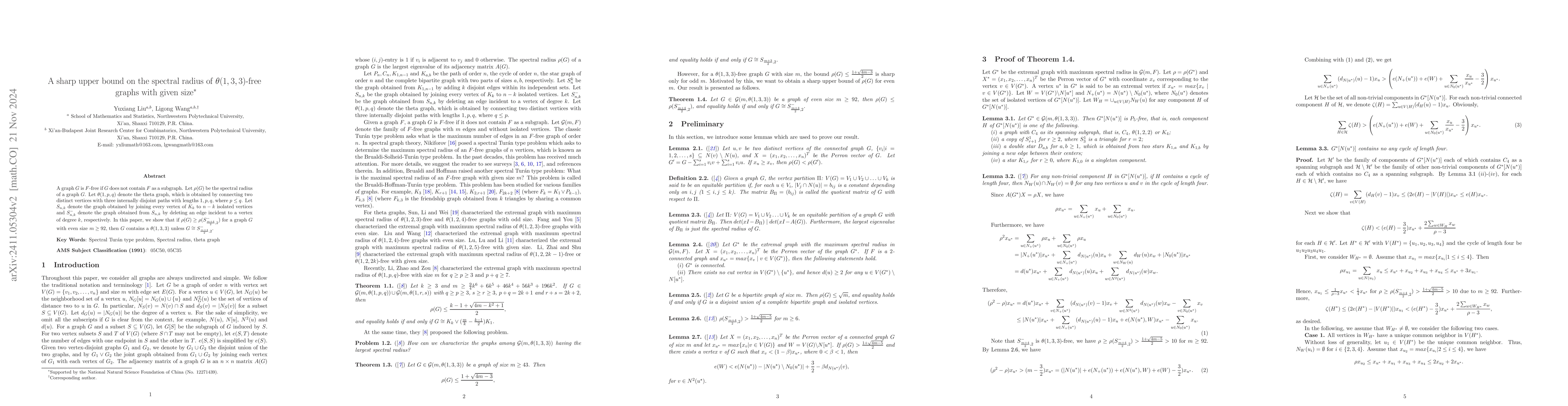 Thumbnail for A sharp upper bound on the spectral radius of $θ(1,3,3)$-free
  graphs with given size
