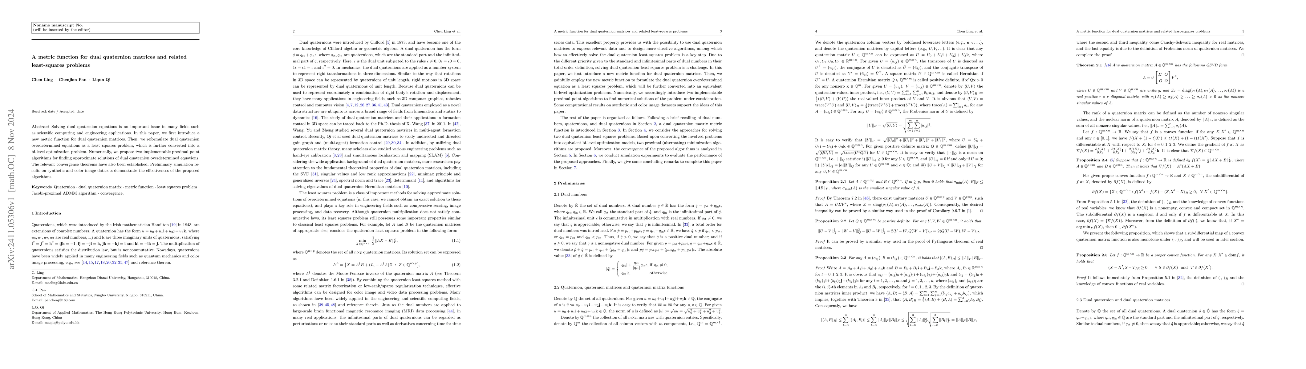 Thumbnail for A metric function for dual quaternion matrices and related least-squares
  problems