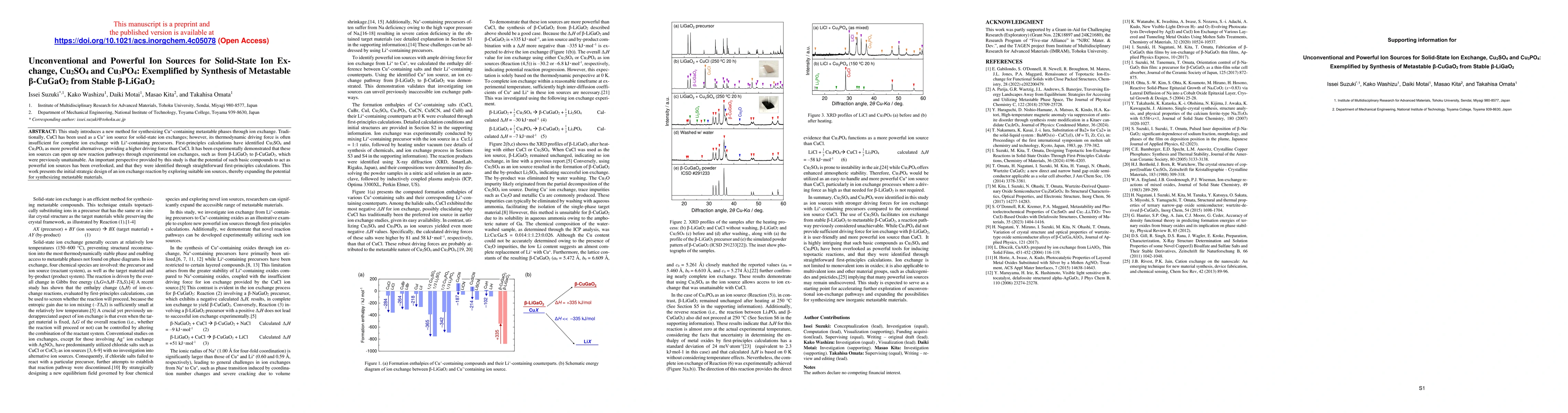 Thumbnail for Unconventional and Powerful Ion Sources for Solid-State Ion Exchange,
  Cu2SO4 and Cu3PO4: Exemplified by Synthesis of Metastable β-CuGaO2 from
  Stable β-LiGaO2