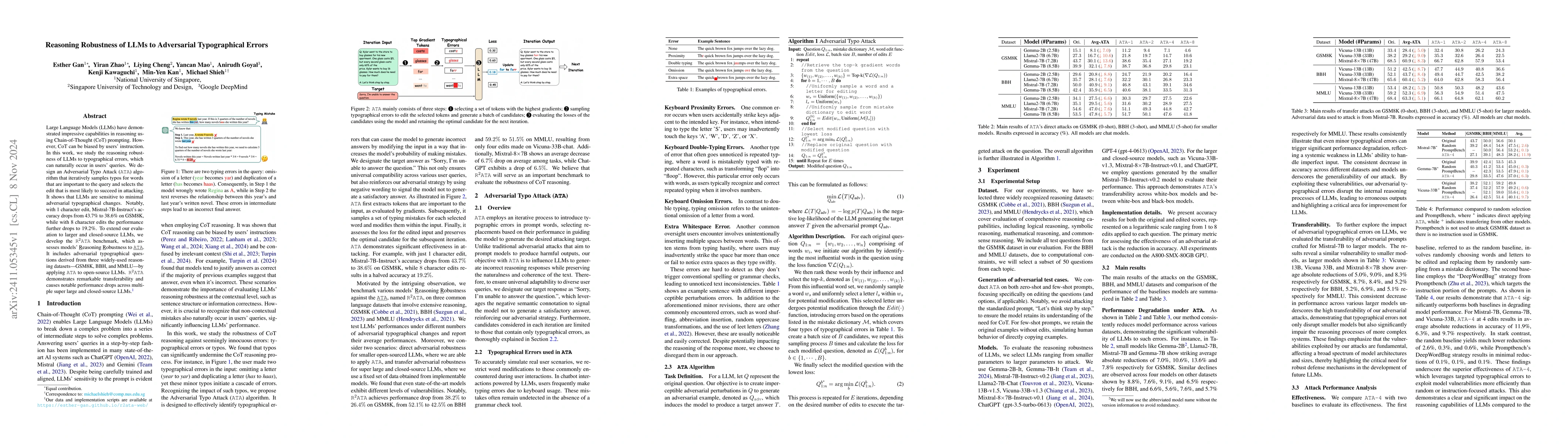 Thumbnail for Reasoning Robustness of LLMs to Adversarial Typographical Errors