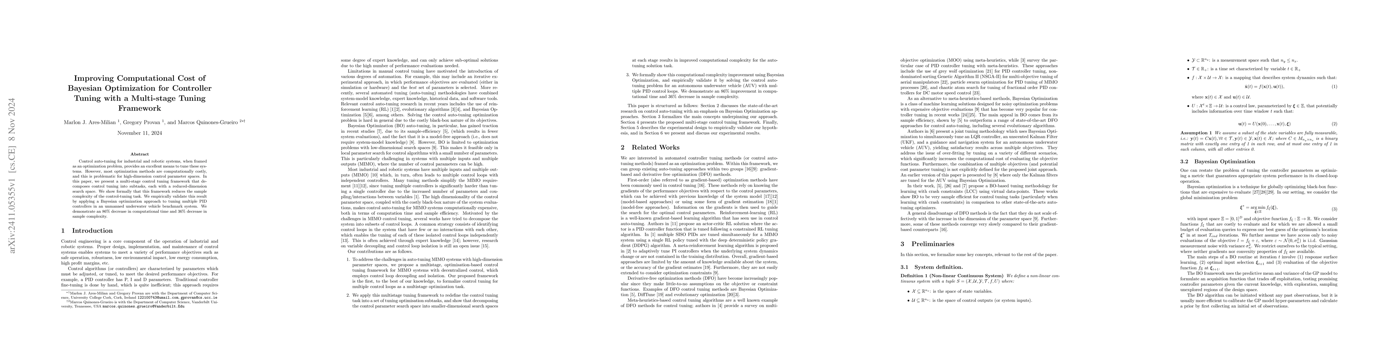 Thumbnail for Improving Computational Cost of Bayesian Optimization for Controller
  Tuning with a Multi-stage Tuning Framework