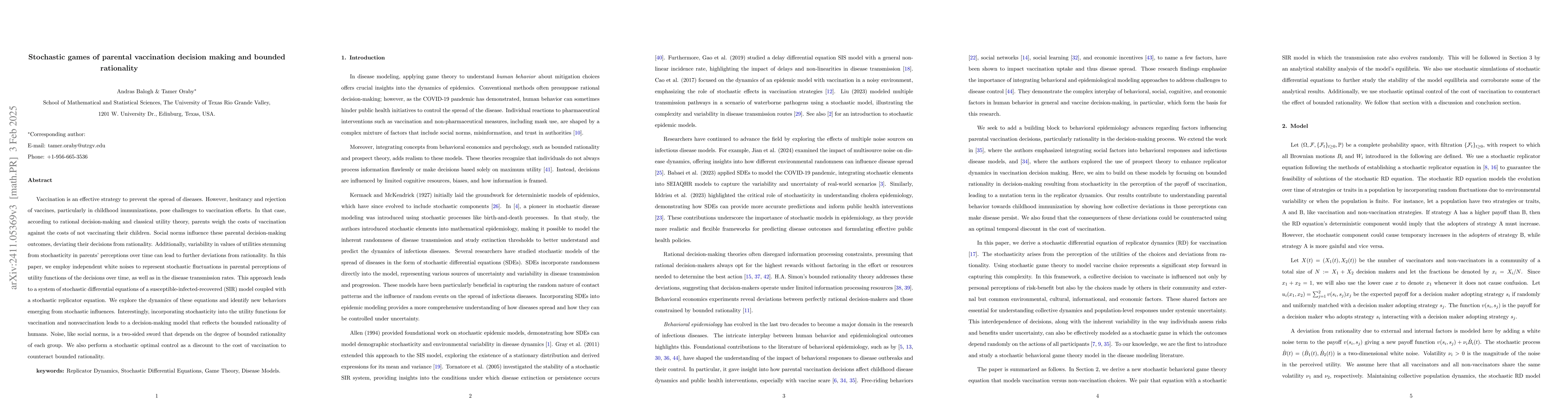Thumbnail for Stochastic games of parental vaccination decision making and bounded
  rationality