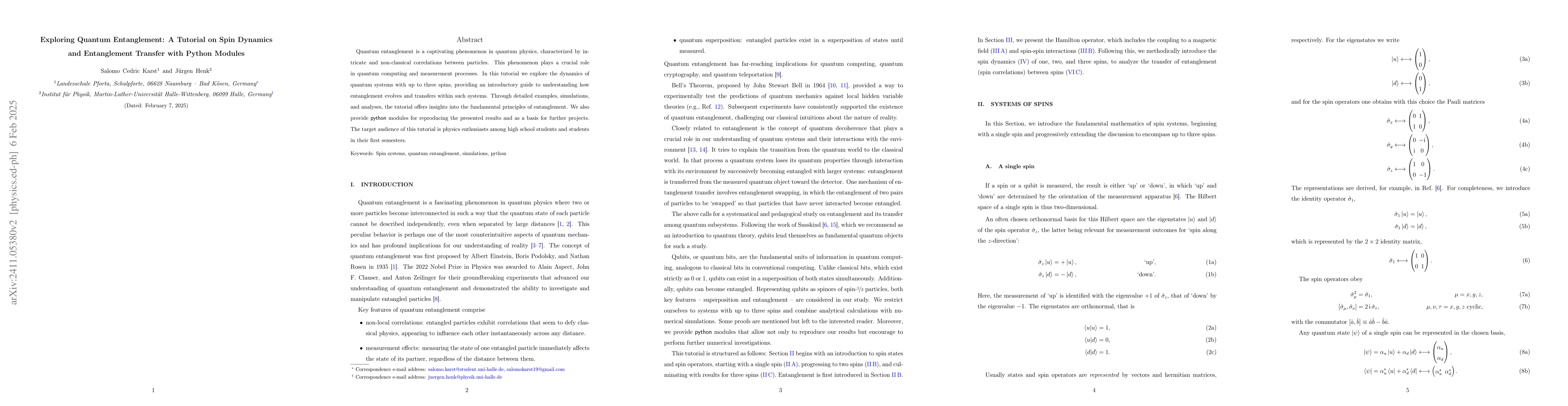 Thumbnail for Exploring Quantum Entanglement: A Tutorial on Spin Dynamics and
  Entanglement Transfer with Python Modules