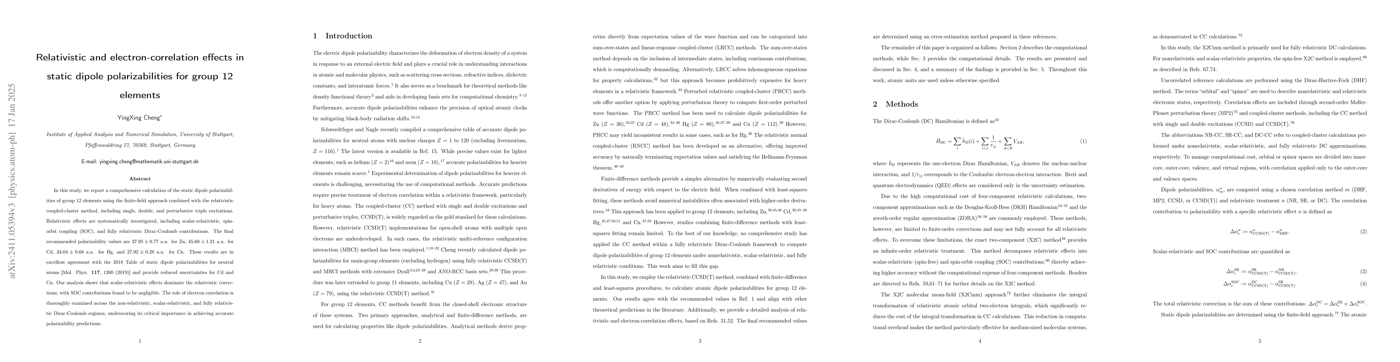 Thumbnail for Relativistic and electron-correlation effects in static dipole
  polarizabilities for group 12 elements