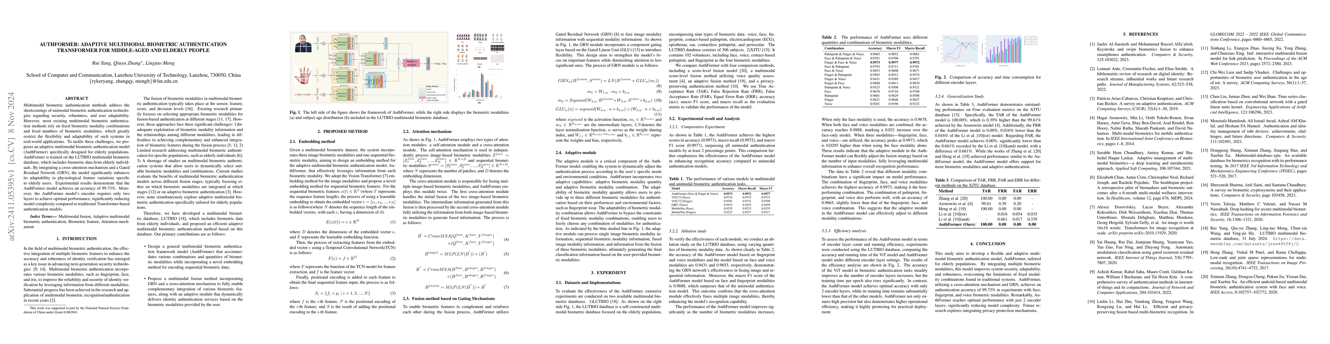 Thumbnail for AuthFormer: Adaptive Multimodal biometric authentication transformer for
  middle-aged and elderly people