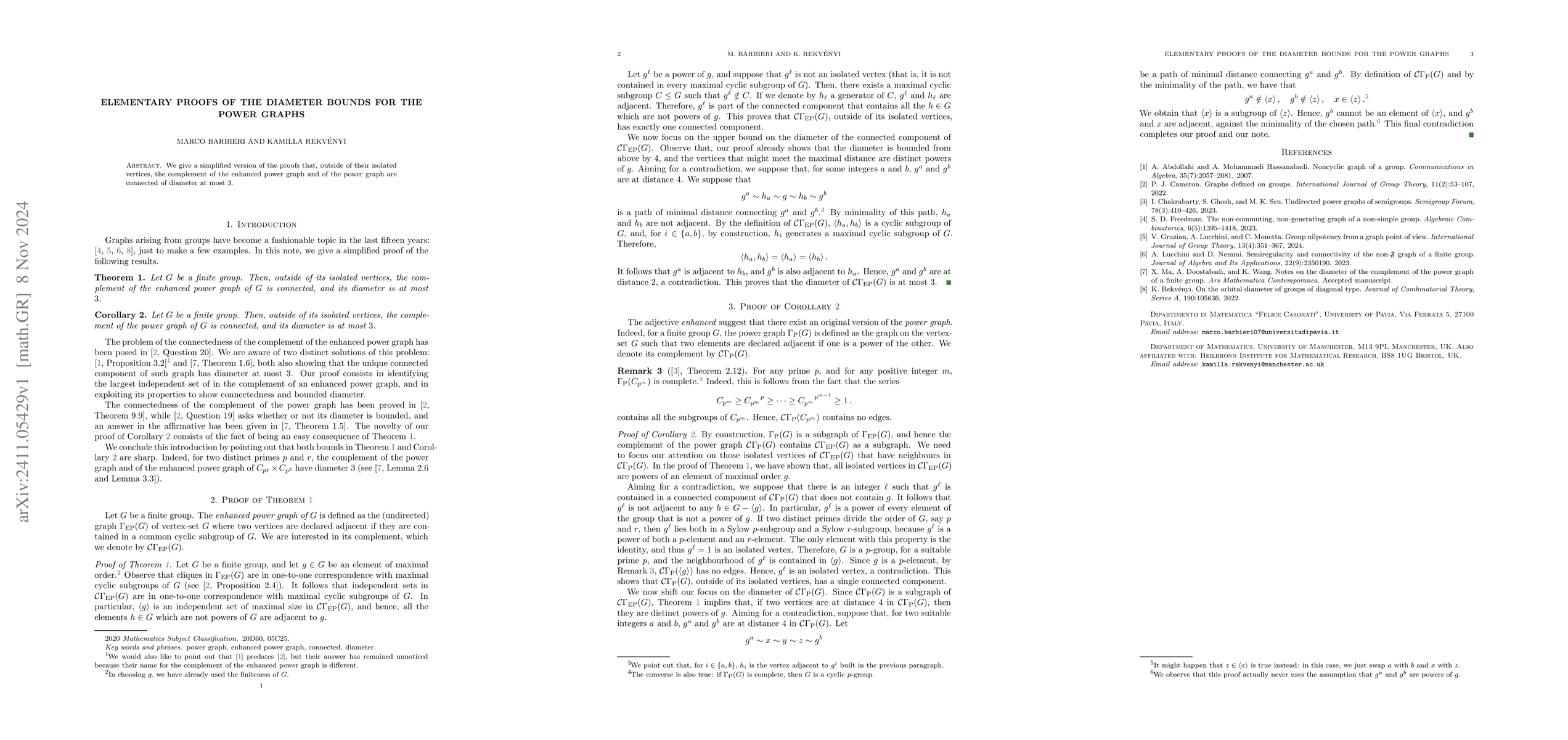 Thumbnail for Elementary proofs of the diameter bounds for the power graphs
