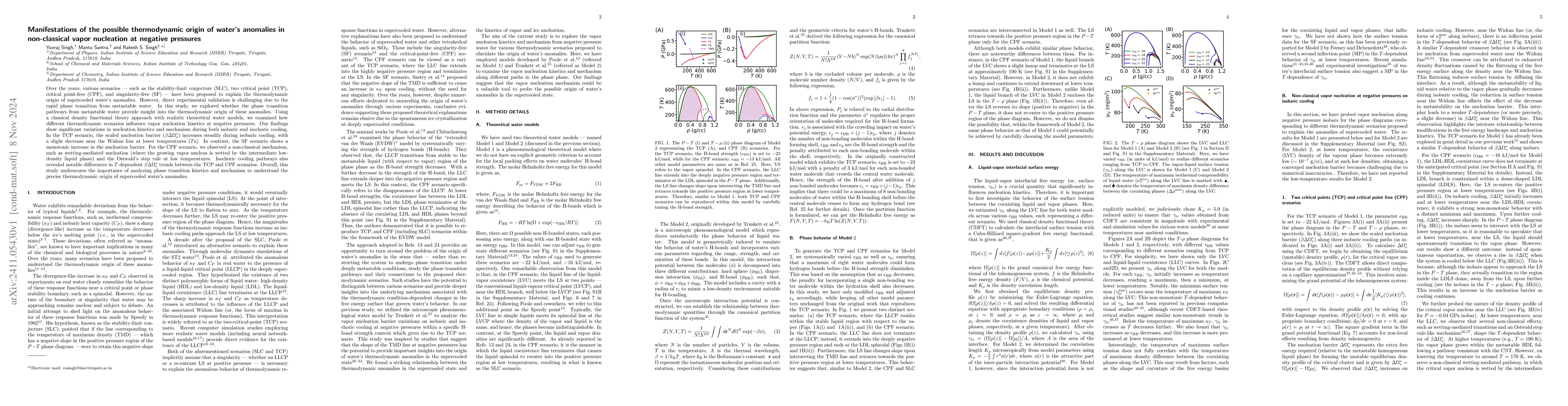 Thumbnail for Manifestations of the possible thermodynamic origin of water's anomalies
  in non-classical vapor nucleation at negative pressures