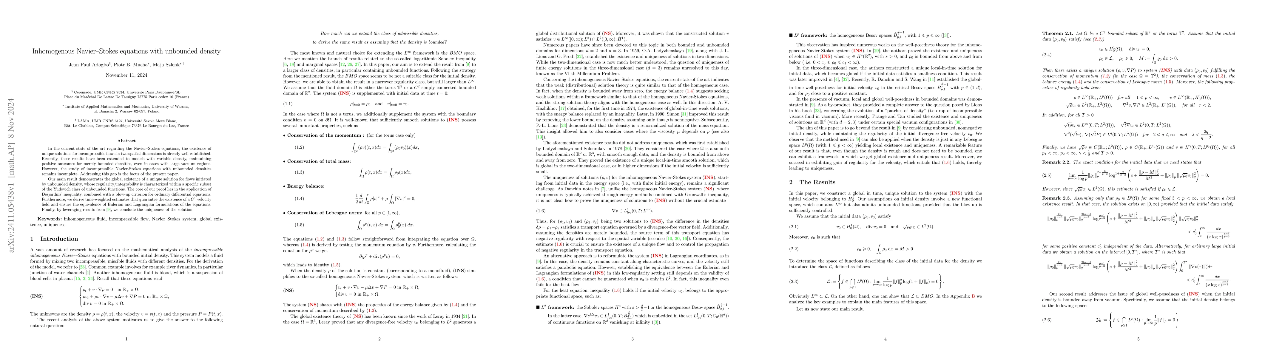 Thumbnail for Inhomogenous Navier--Stokes equations with unbounded density