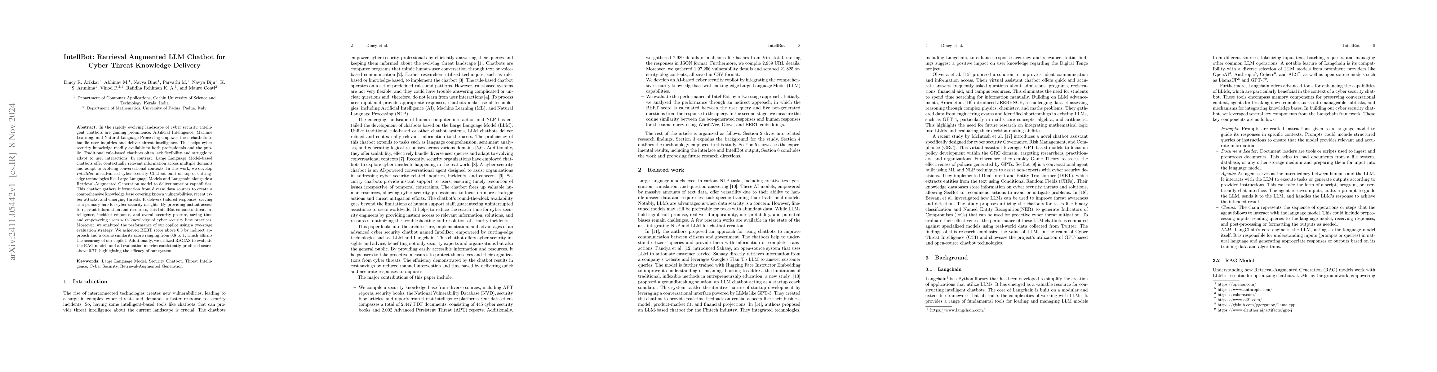 Thumbnail for IntellBot: Retrieval Augmented LLM Chatbot for Cyber Threat Knowledge
  Delivery