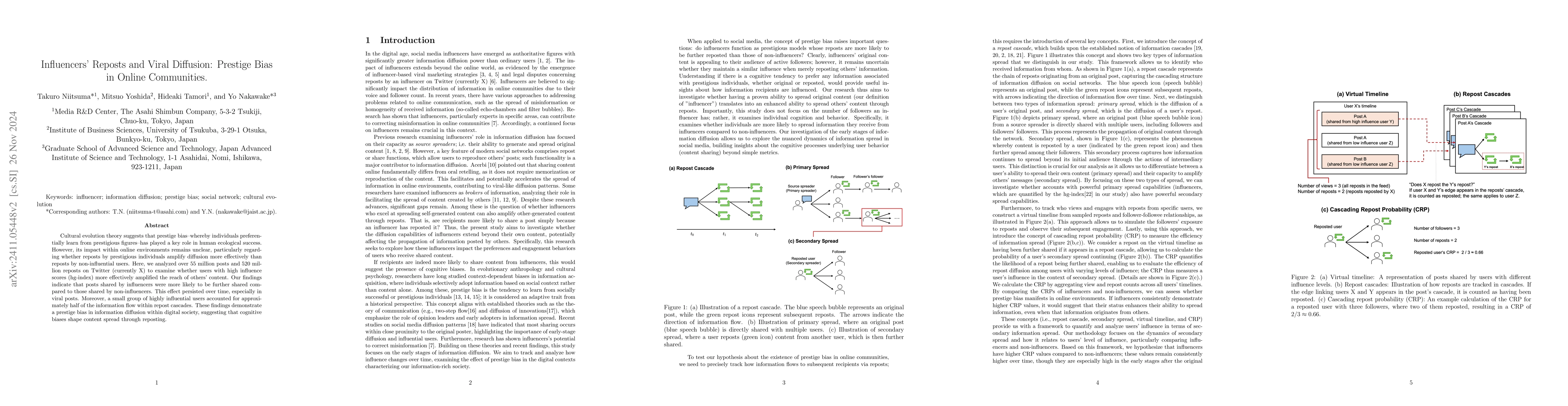 Thumbnail for Influencers' Reposts and Viral Diffusion: Prestige Bias in Online
  Communities