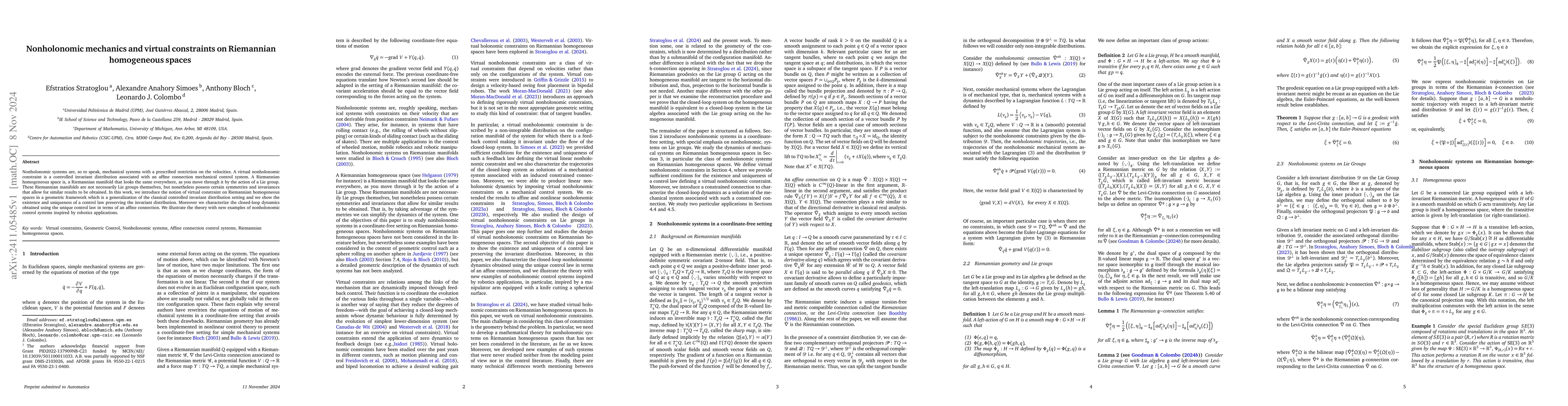 Thumbnail for Nonholonomic mechanics and virtual constraints on Riemannian homogeneous
  spaces