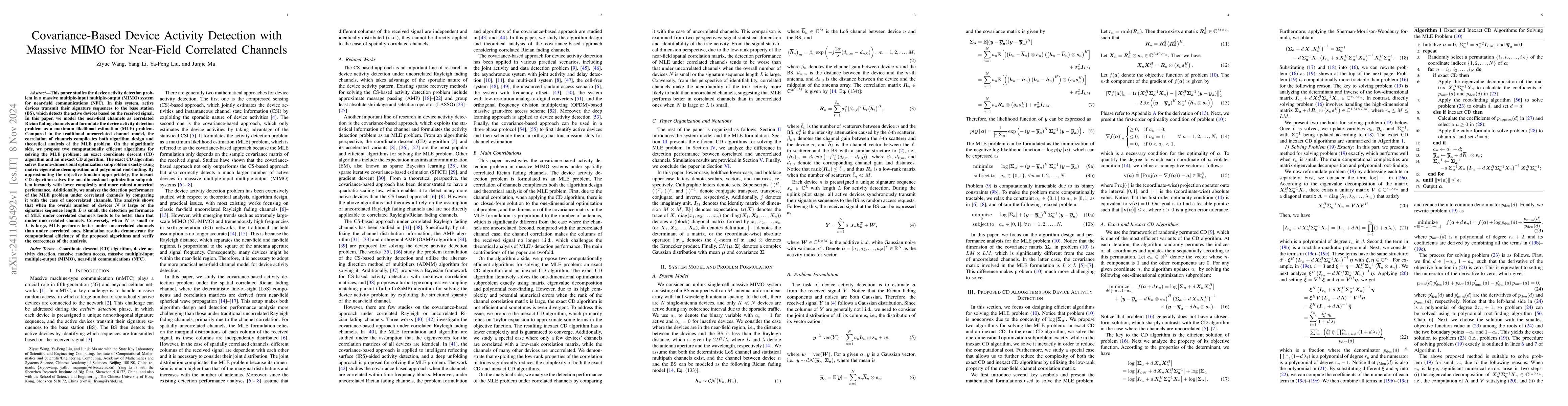 Thumbnail for Covariance-Based Device Activity Detection with Massive MIMO for
  Near-Field Correlated Channels
