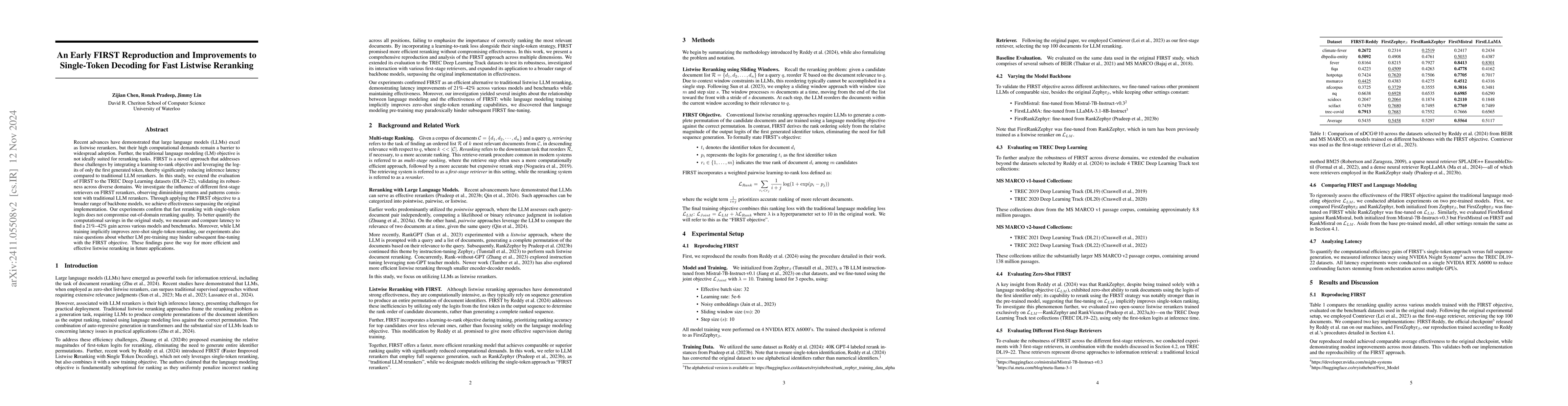 Thumbnail for An Early FIRST Reproduction and Improvements to Single-Token Decoding
  for Fast Listwise Reranking