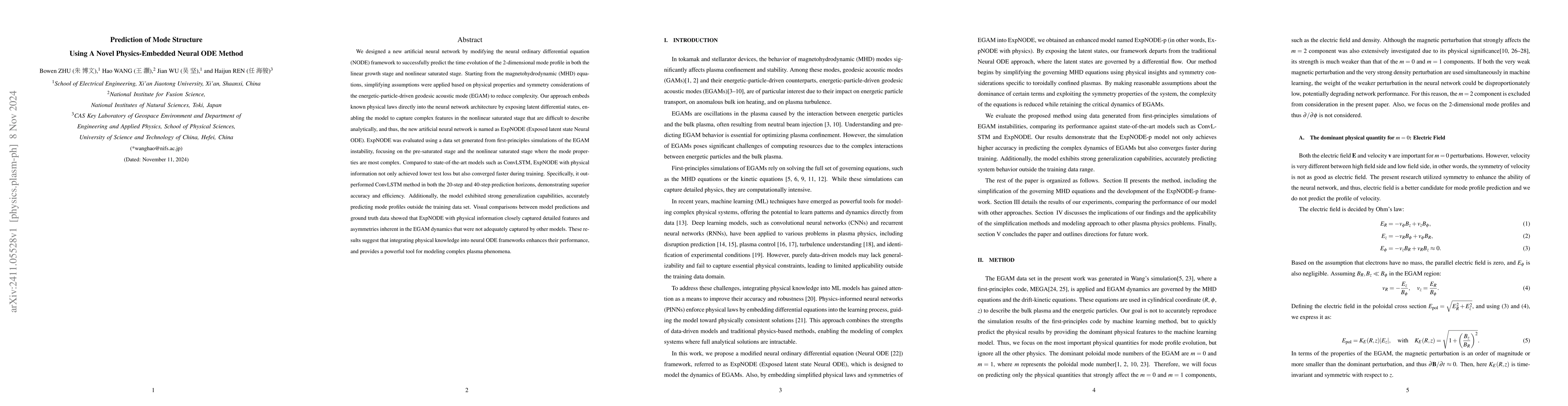Thumbnail for Prediction of Mode Structure Using A Novel Physics-Embedded Neural ODE
  Method