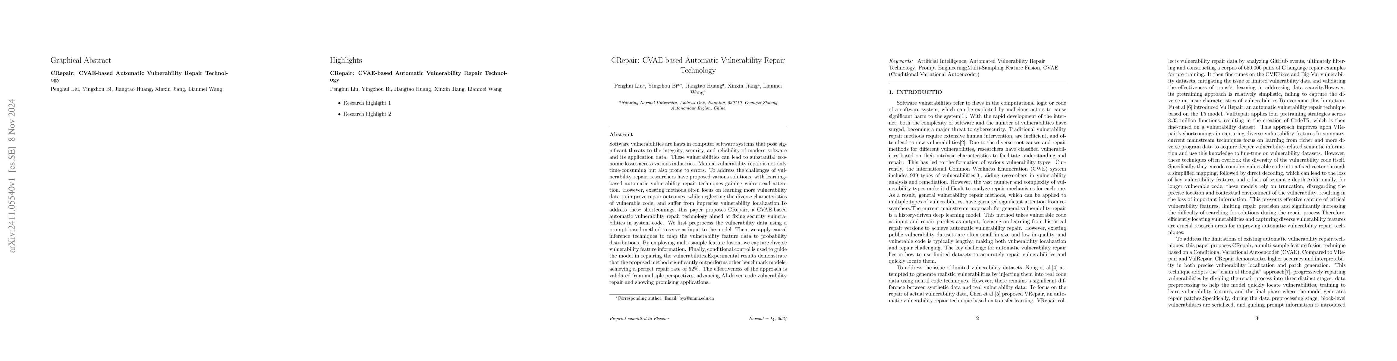 Thumbnail for CRepair: CVAE-based Automatic Vulnerability Repair Technology