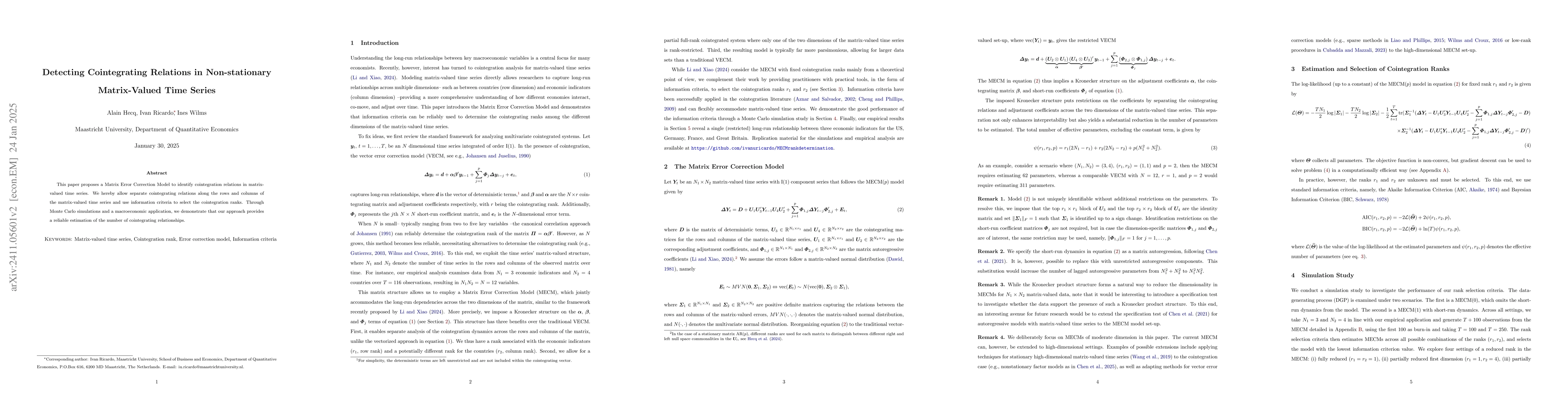 Thumbnail for Detecting Cointegrating Relations in Non-stationary Matrix-Valued Time
  Series