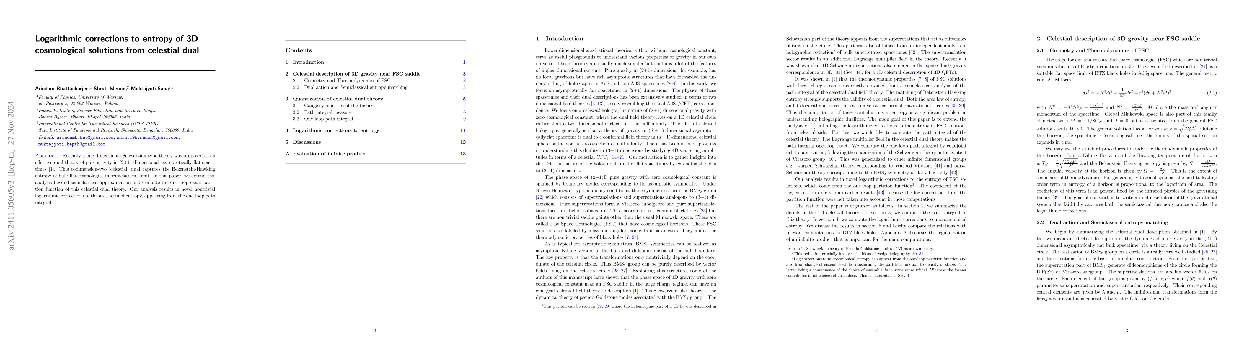 Thumbnail for Logarithmic corrections to entropy of 3D cosmological solutions from
  celestial dual