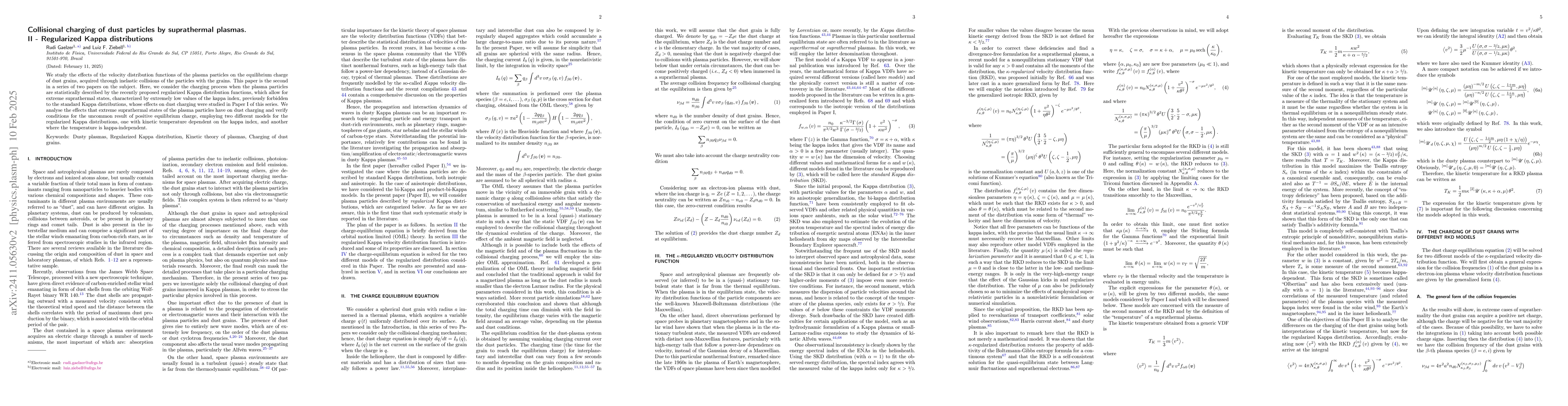 Thumbnail for Collisional charging of dust particles by suprathermal plasmas. II --
  Regularized Kappa distributions