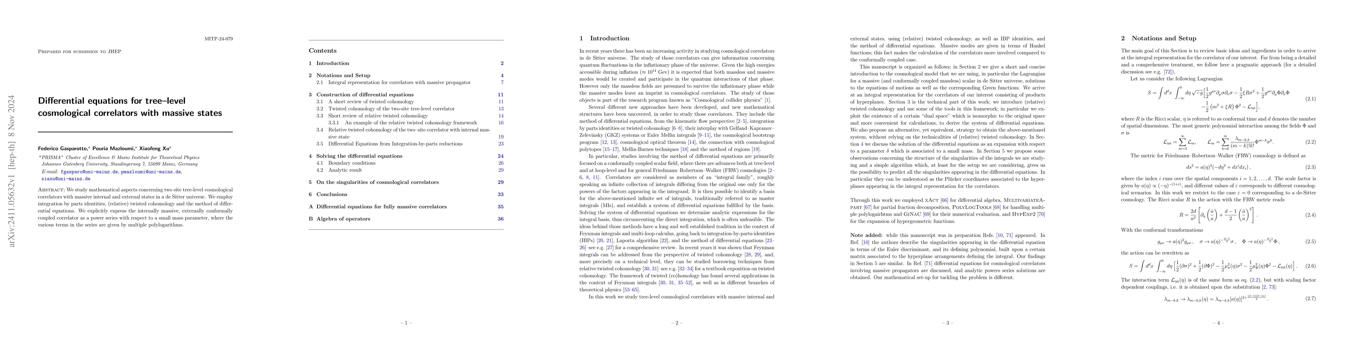 Thumbnail for Differential equations for tree--level cosmological correlators with
  massive states