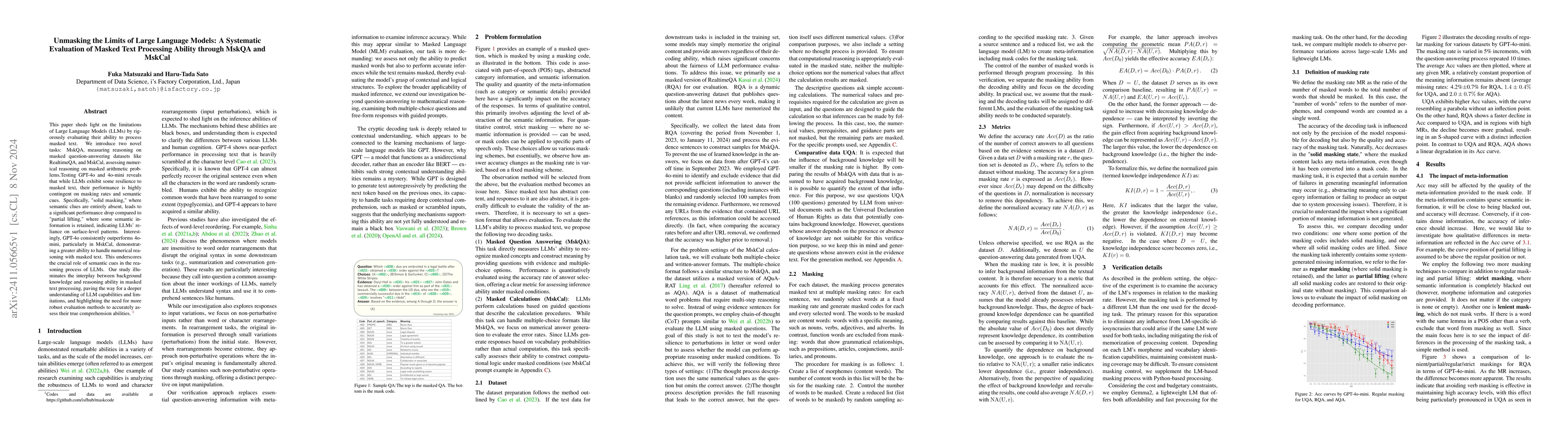 Thumbnail for Unmasking the Limits of Large Language Models: A Systematic Evaluation
  of Masked Text Processing Ability through MskQA and MskCal