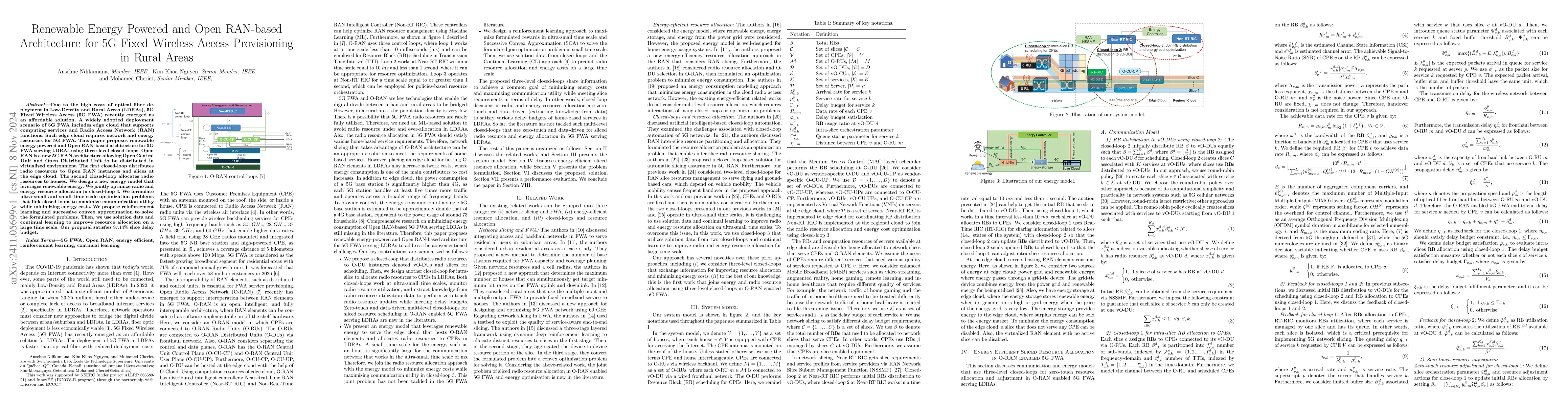 Thumbnail for Renewable Energy Powered and Open RAN-based Architecture for 5G Fixed
  Wireless Access Provisioning in Rural Areas