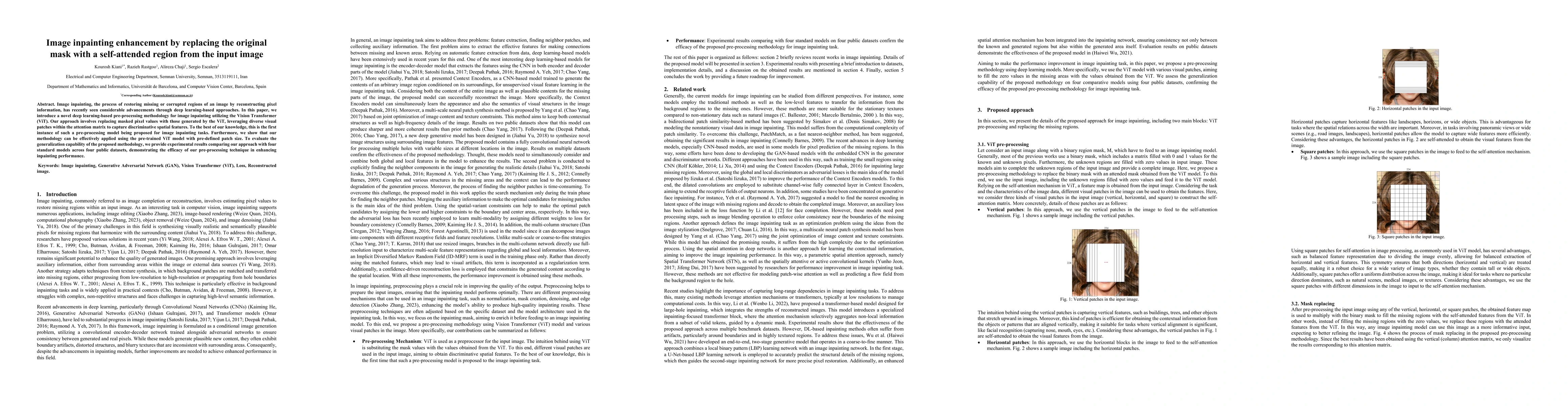 Thumbnail for Image inpainting enhancement by replacing the original mask with a
  self-attended region from the input image