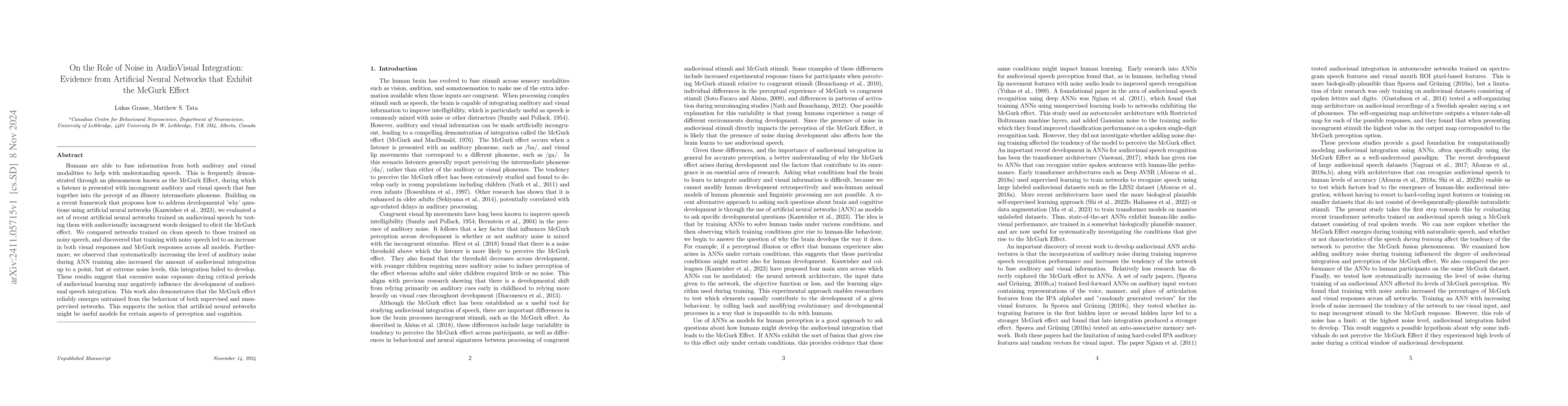 Thumbnail for On the Role of Noise in AudioVisual Integration: Evidence from
  Artificial Neural Networks that Exhibit the McGurk Effect