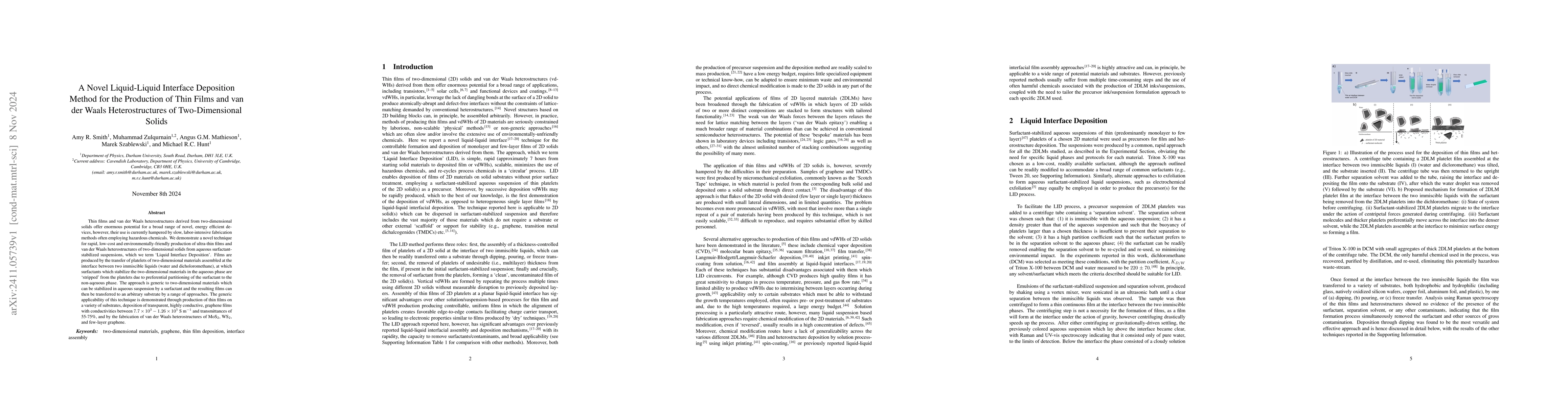 Thumbnail for A Novel Liquid-Liquid Interface Deposition Method for the Production of
  Thin Films and van der Waals Heterostructures of Two-Dimensional Solids