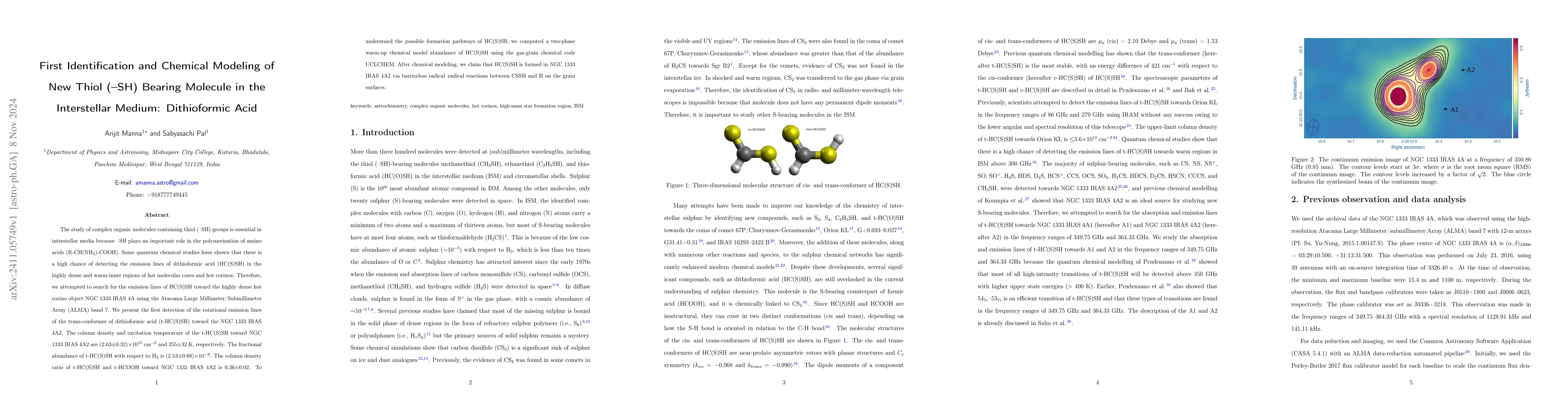 Thumbnail for First Identification and Chemical Modeling of New Thiol ($-$SH) Bearing
  Molecule in the Interstellar Medium: Dithioformic Acid