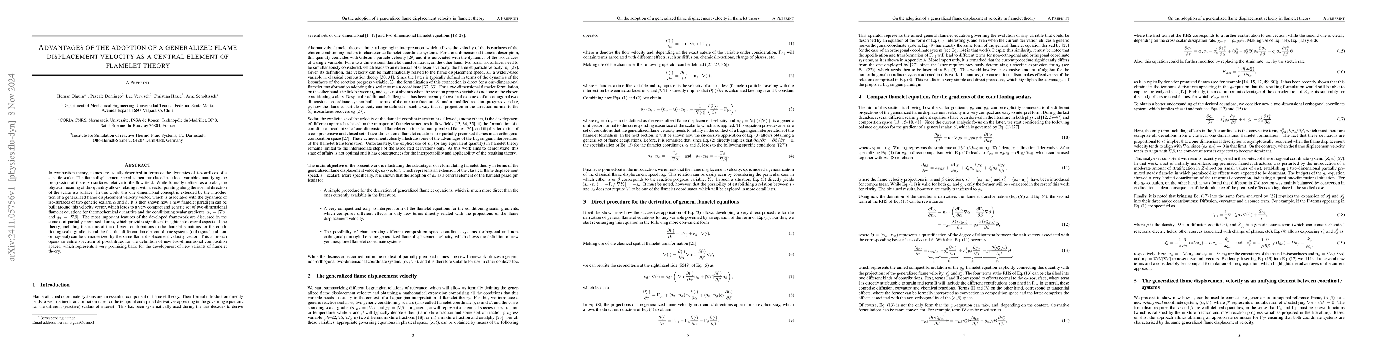 Thumbnail for Advantages of the adoption of a generalized flame displacement velocity
  as a central element of flamelet theory