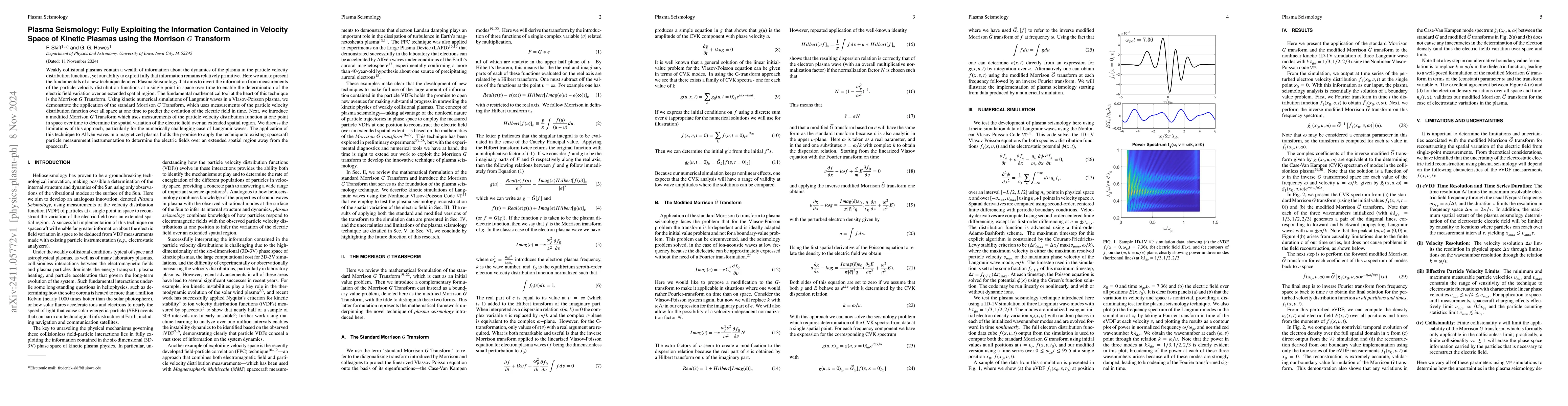 Thumbnail for Plasma Seismology: Fully Exploiting the Information Contained in
  Velocity Space of Kinetic Plasmas using the Morrison G Transform