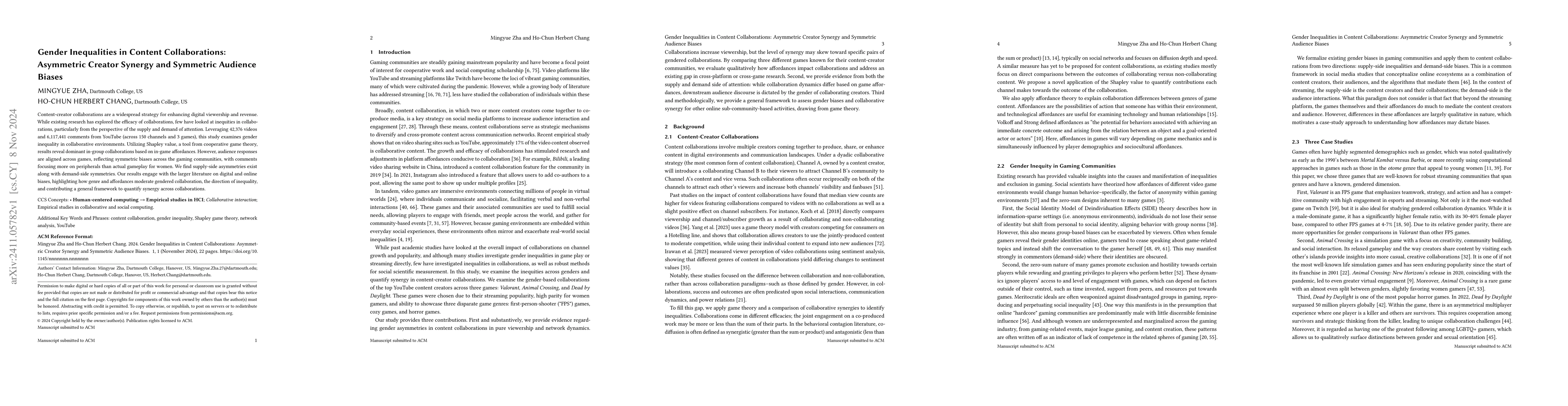 Thumbnail for Gender Inequalities in Content Collaborations: Asymmetric Creator
  Synergy and Symmetric Audience Biases