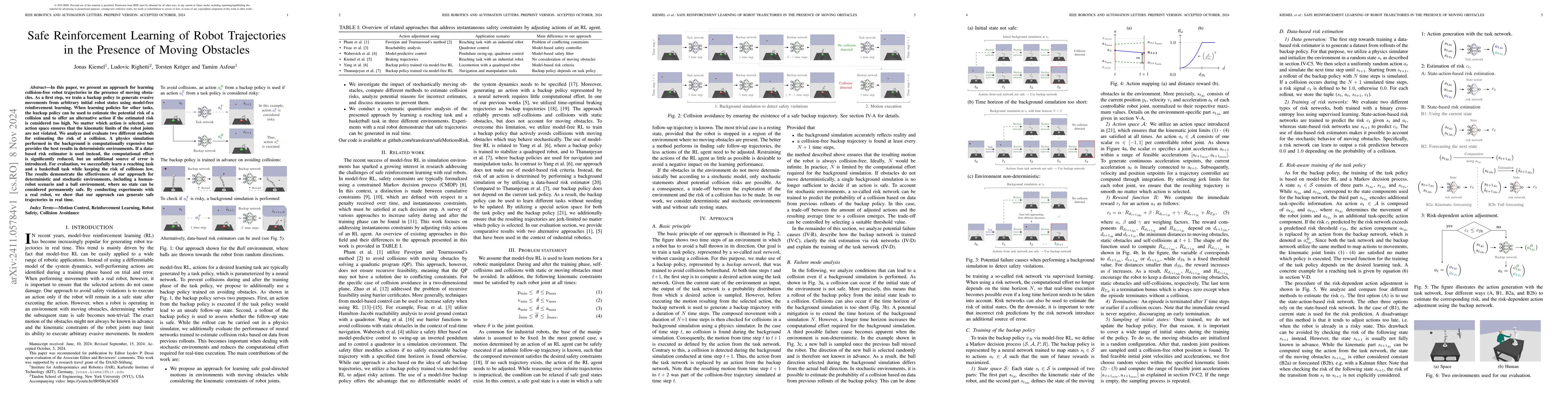 Thumbnail for Safe Reinforcement Learning of Robot Trajectories in the Presence of
  Moving Obstacles