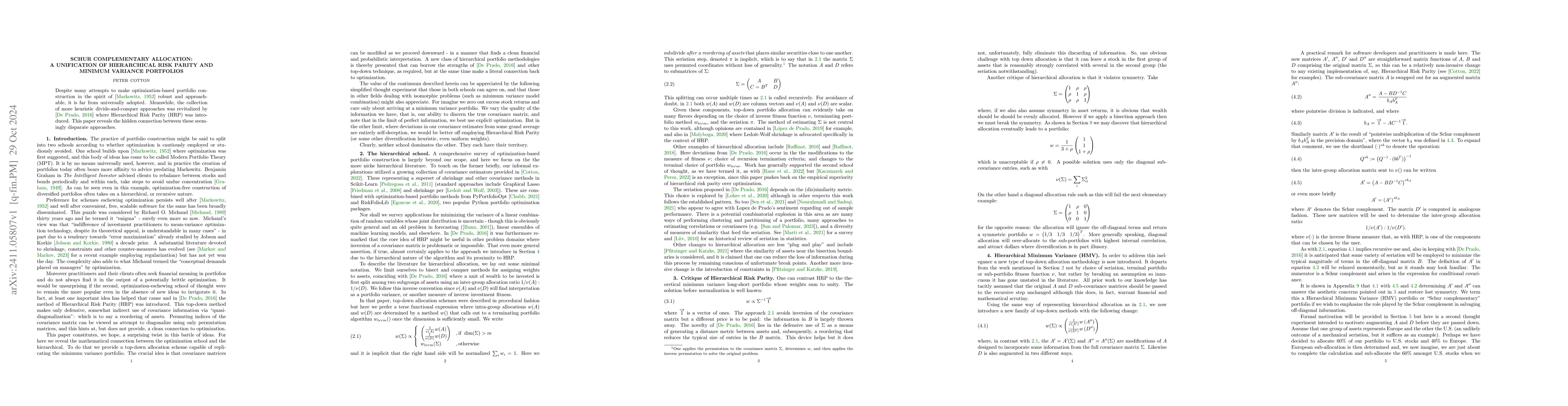 Thumbnail for Schur Complementary Allocation: A Unification of Hierarchical Risk
  Parity and Minimum Variance Portfolios