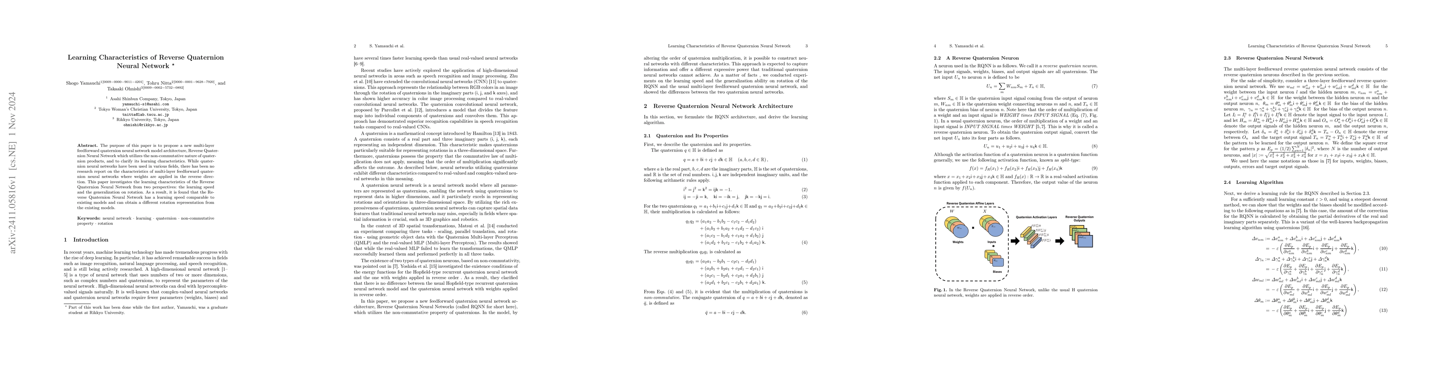 Thumbnail for Learning Characteristics of Reverse Quaternion Neural Network