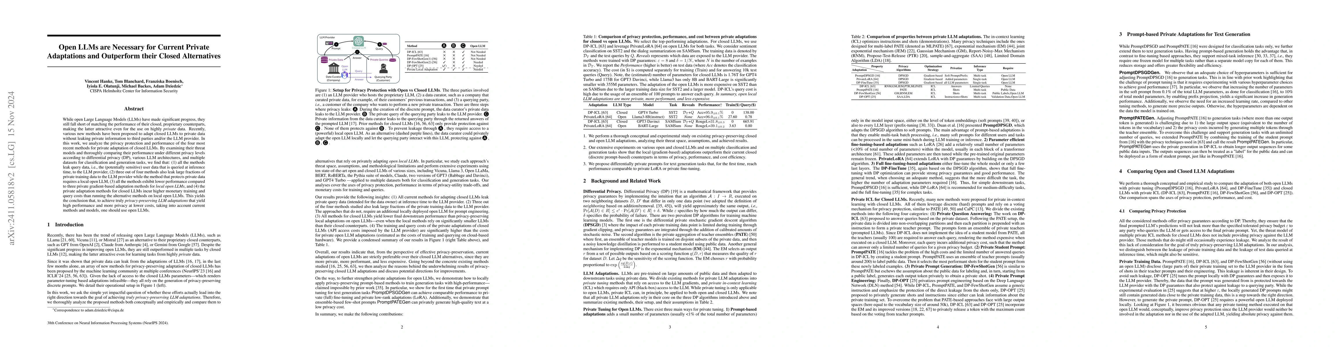 Thumbnail for Open LLMs are Necessary for Current Private Adaptations and Outperform
  their Closed Alternatives