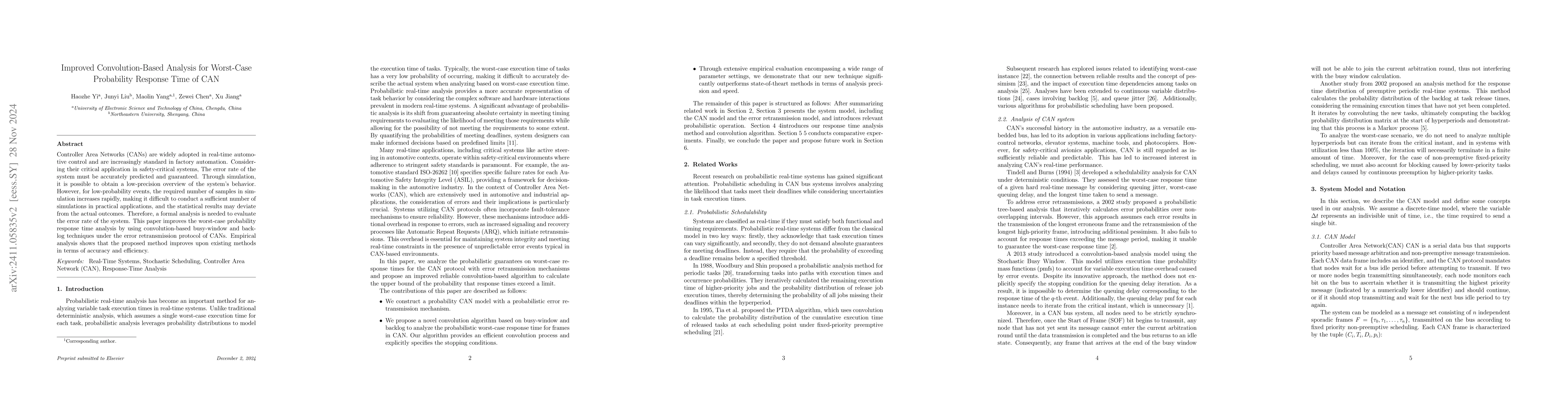 Thumbnail for Improved Convolution-Based Analysis for Worst-Case Probability Response
  Time of CAN