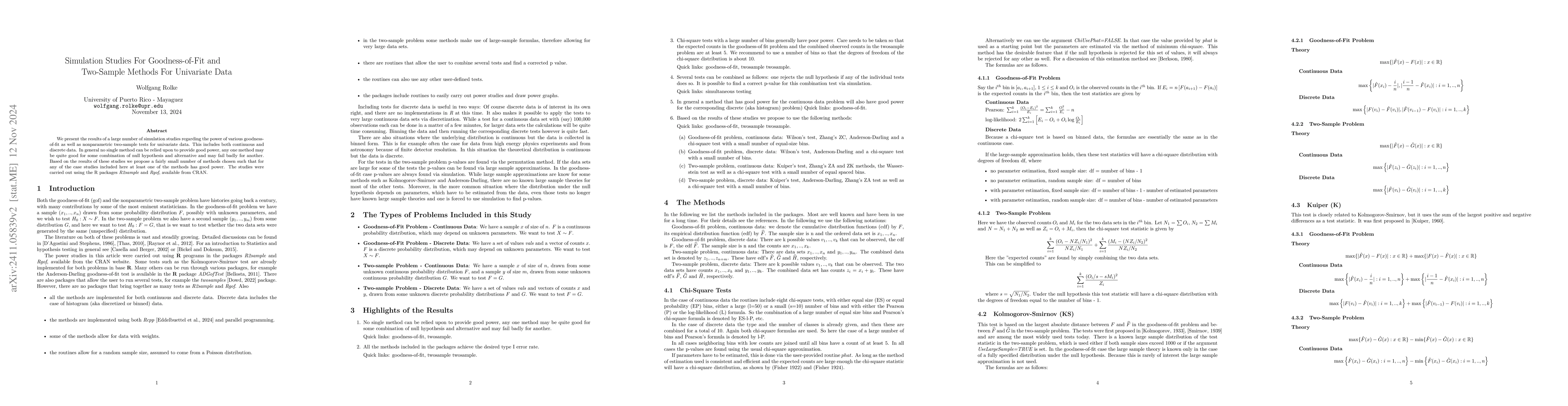 Thumbnail for Simulation Studies For Goodness-of-Fit and Two-Sample Methods For
  Univariate Data