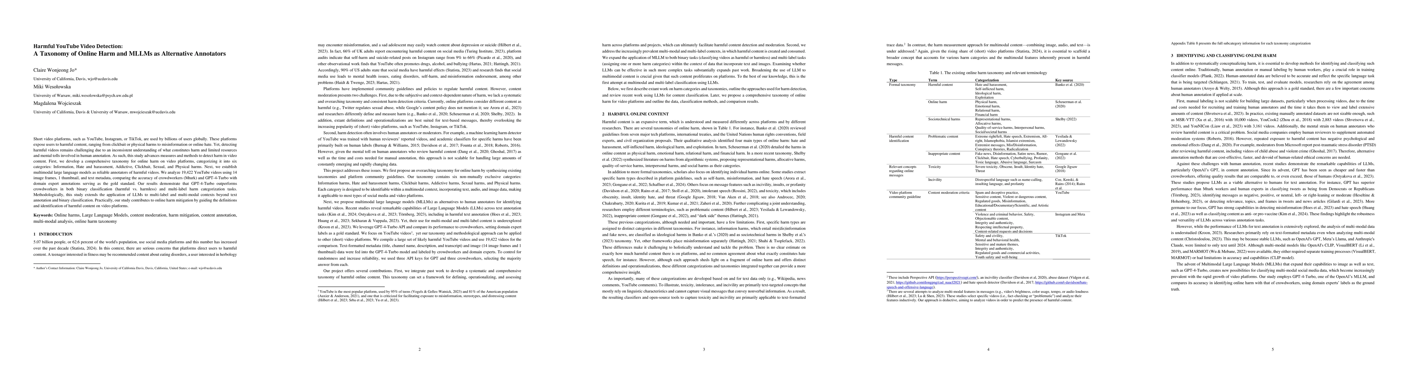 Thumbnail for Harmful YouTube Video Detection: A Taxonomy of Online Harm and MLLMs as
  Alternative Annotators