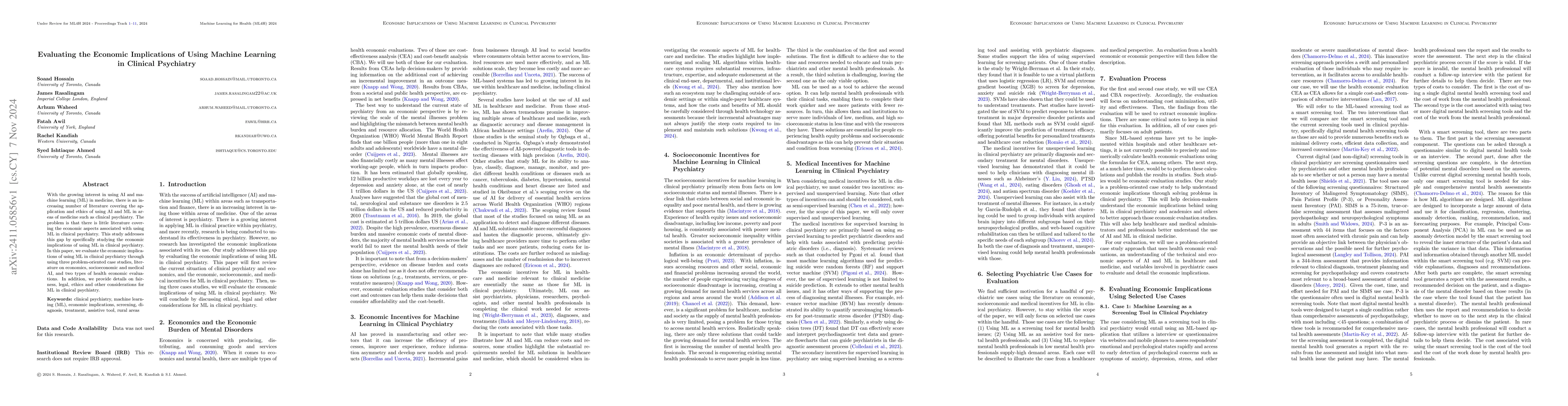 Thumbnail for Evaluating the Economic Implications of Using Machine Learning in
  Clinical Psychiatry